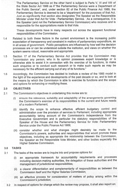 Scanned terms of reference for the 1998 Review of the Parliamentary Service Act 1985. 