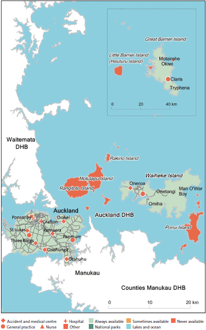 Figure 13: After-hours service coverage for Auckland District Health Board (in a typical week, and regardless of whether the service was within the DHB's district)