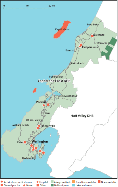 Figure 19: After-hours service coverage for Capital and Coast District Health Board (in a typical week, and regardless of whether the service was within the DHB's district). 