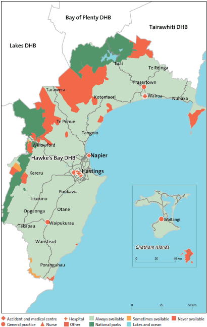 Figure 23: After-hours service coverage for Hawke's Bay District Health Board (in a typical week, and regardless of whether the service was within the DHB's district). 