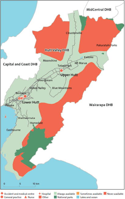 Figure 25: After-hours service coverage for Hutt Valley District Health Board (in a typical week, and regardless of whether the service was within the DHB's district). 