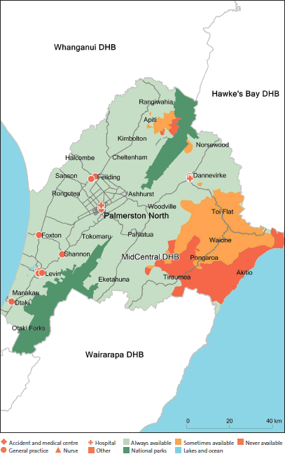 Figure 23: After-hours service coverage for MidCentral District Health Board (in a typical week, and regardless of whether the service was within the DHB's district). 