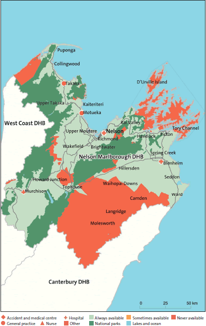 Figure 31: After-hours service coverage for Nelson Marlborough District Health Board (in a typical week, and regardless of whether the service was within the DHB's district). 