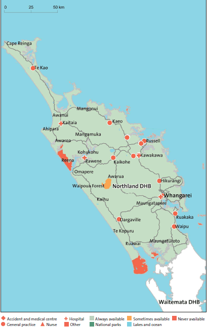 Figre 33: After-hours service coverage for Northland District Health Board (in a typical week, and regardless of whether the service was within the DHB's district). 