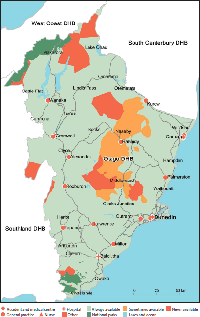 Figure 35: After-hours service coverage for Otago District Health Board (in a typical week, and regardless of whether the service was within the DHB's district). 