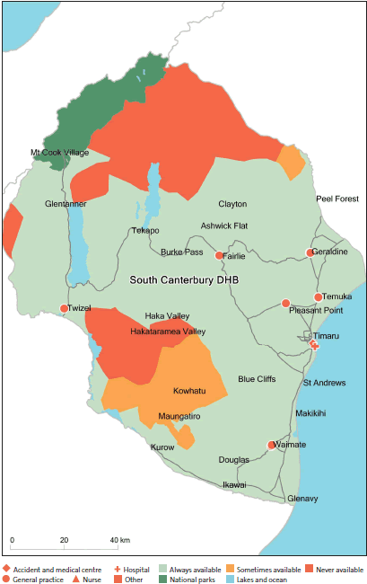 Figure 37: After-hours service coverage for South Canterbury District Health Board (in a typical week, and regardless of whether the service was within the DHB's district). 