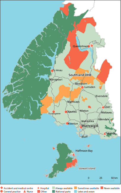 Figure 39: After-hours service coverage for Southland District Health Board (in a typical week, and regardless of whether the service was within the DHB's district). 