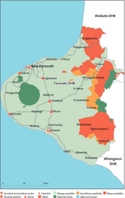 Figure 43: After-hours service coverage for Taranaki District Health Board (in a typical week, and regardless of whether the service was within the DHB's district). 