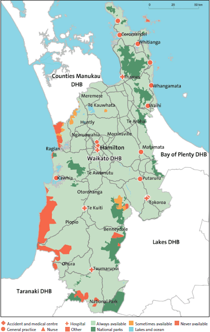 Figure 45: After-hours service coverage for Waikato District Health Board (in a typical week, and regardless of whether the service was within the DHB's district). 