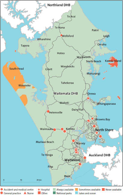 Figure 49: After-hours service coverage for Waitemata District Health Board (in a typical week, and regardless of whether the service was within the DHB's district). 