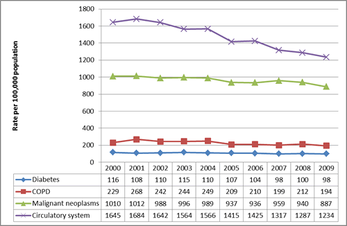 Figure 1: Mortality rates per 100,000 population for people aged 60+ for selected non-communicable diseases, 2000-2009. 