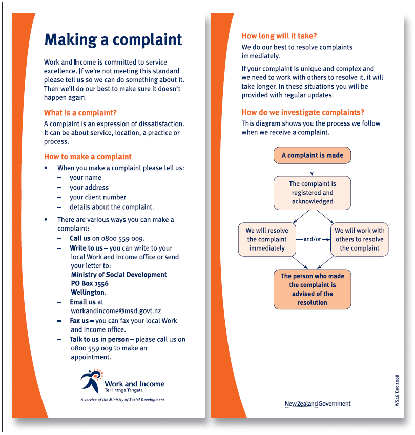 Figure 1 Work and Income complaints pamphlet . 