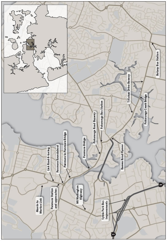 Figure 1 - Map showing the Auckland Manukau Eastern Transport Initiative programme of works in Auckland's eastern suburbs. 