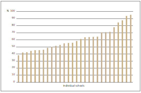 Figure 9 Percentage of Māori students at or above average NCEA Level 2 results, decile 2 small secondary schools, 2014. 