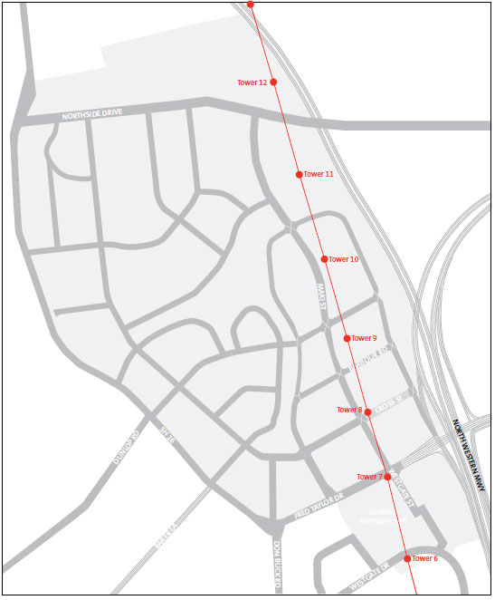 Figure 4: ocation of the overhead power lines, Massey North. 