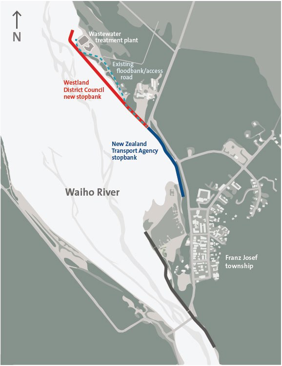 This map shows the new stopbank that Westland District Council built, which is next to the existing New Zealand Transport Agency stopbank.