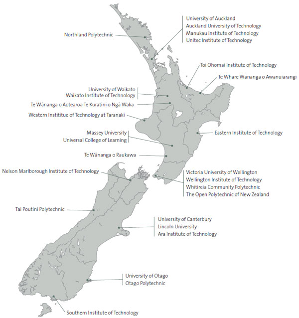 Map of Main campus or headquarters of the 27 tertiary education institutions. 