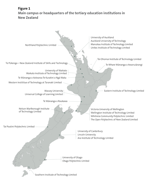 Figure 1: Main campus or headquarters of the tertiary education institutions in New Zealand
