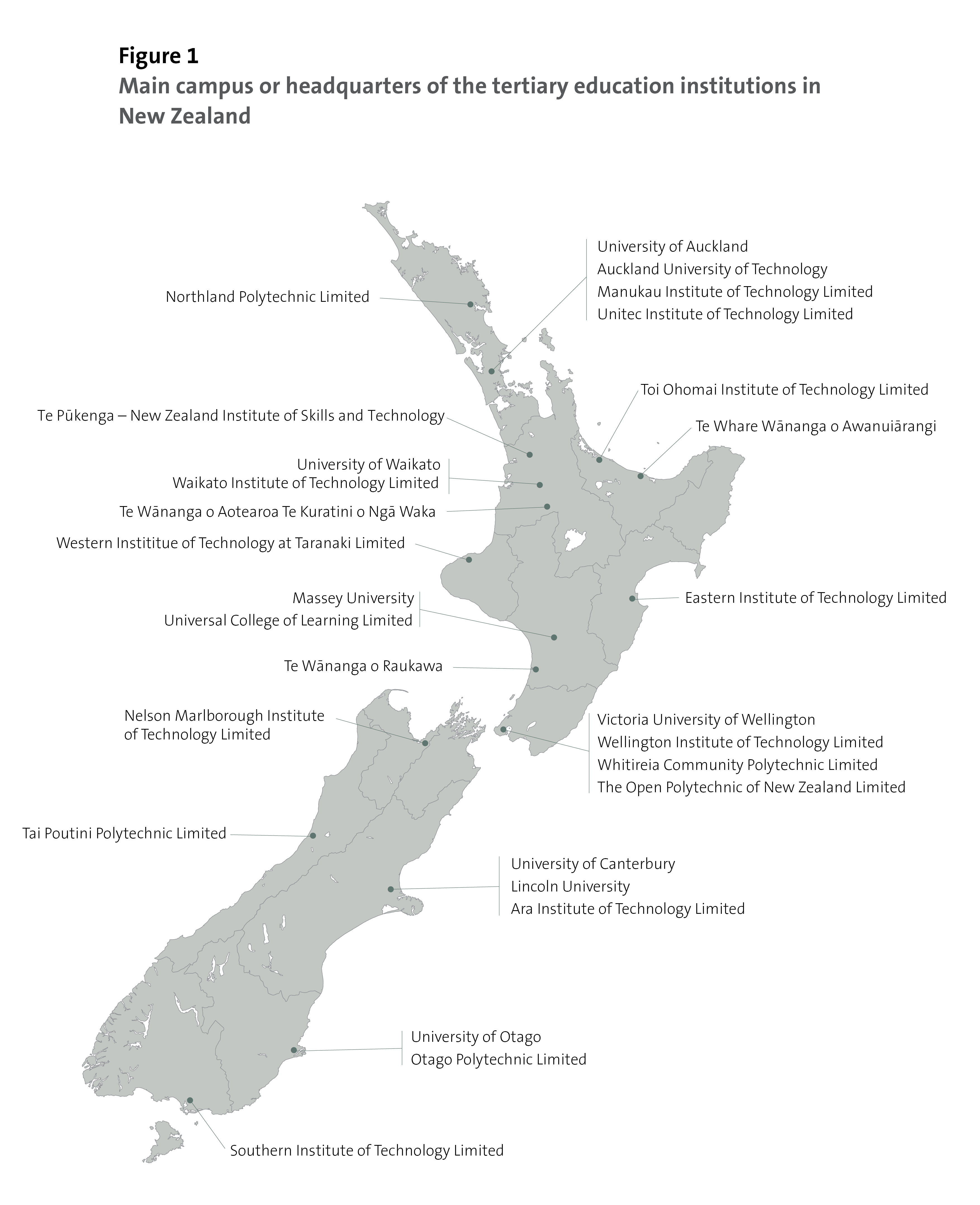 Figure 1: Main campus or headquarters of the tertiary education institutions in New Zealand