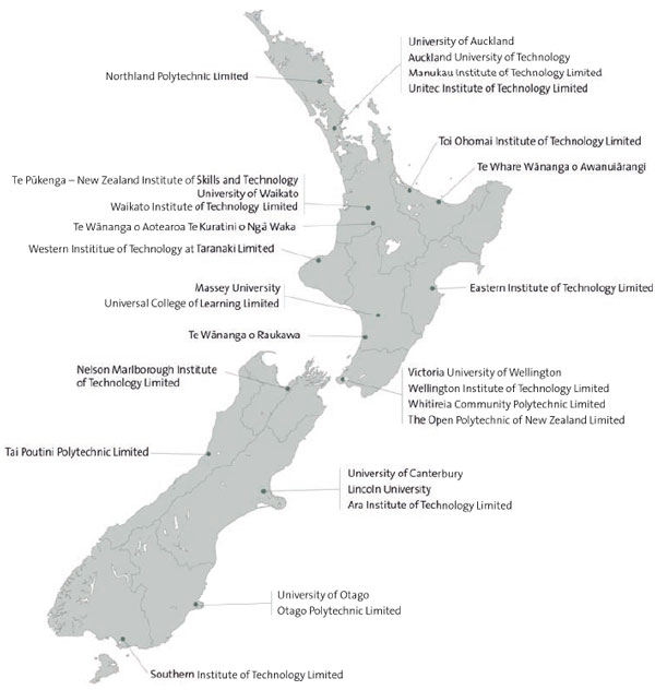 Tertiary education institutions' main campus or headquarters as at 31 December 2021 A map of New Zealand showing the location of all the tertiary education institutions as at 31 December 2021.