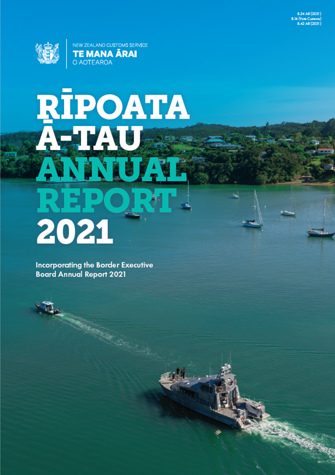 An image of the cover of the New Zealand Customs Service’s 2020/21 Annual Report.