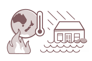 Illustration of a house, rising sea waters, a globe and a thermometer